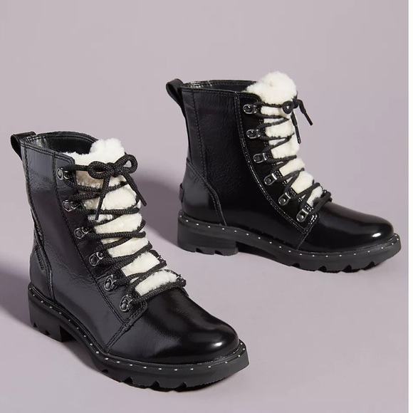 Sorel Lennox Cozy Lace Up Waterproof Rain Boots Women 6 Black White Wool Leather - Picture 8 of 8